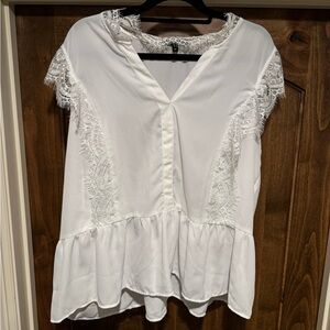 White V Neck Blouse with Lace trim detail